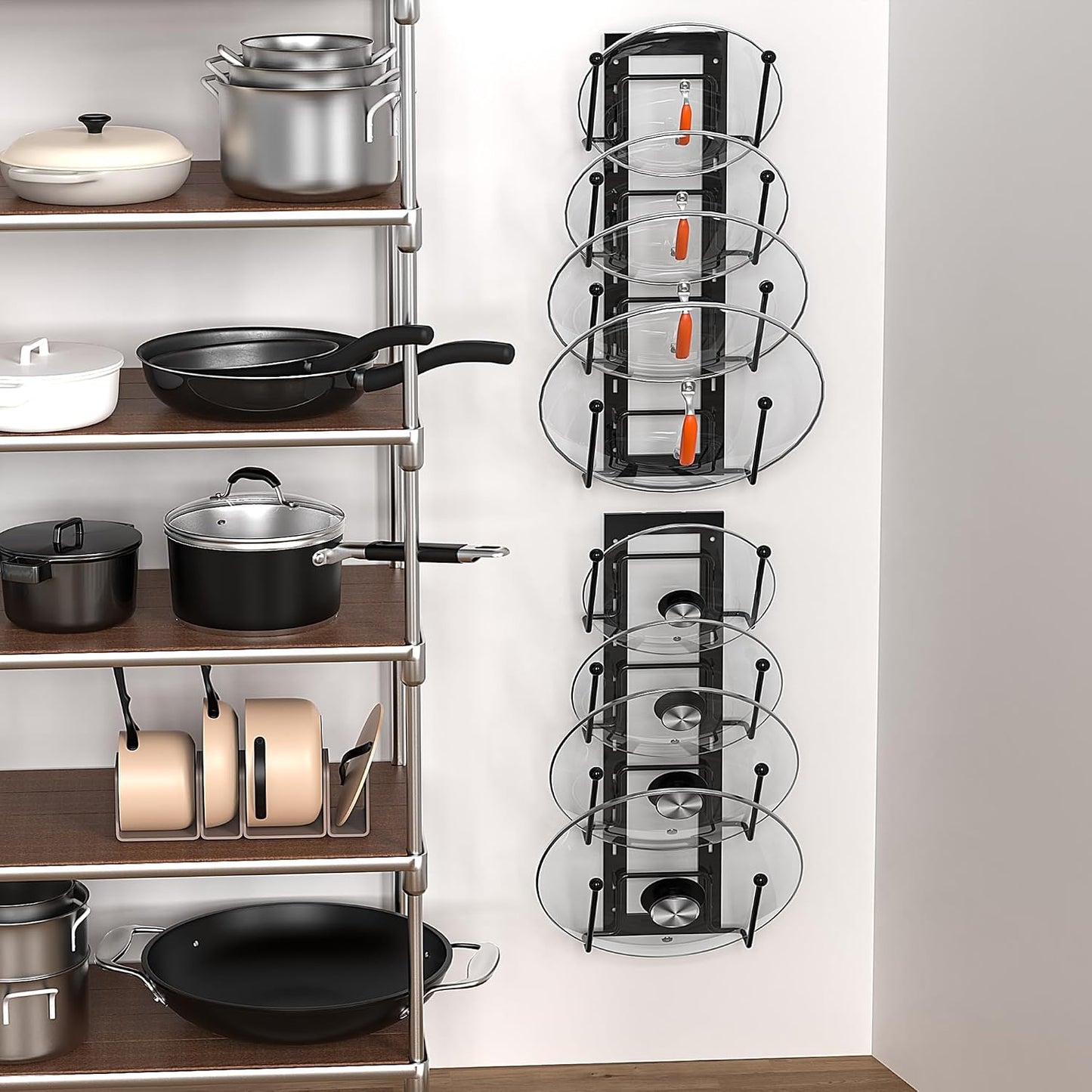 Cisily 8 Layers of Adjustable Pot Lid Organizer Rack for Cabinet Door/Wall，2Pack Lid Organizer Pots and Pans Holder for Kitchen Storage with No Drilling Adhesive 5.7 W“(Black)