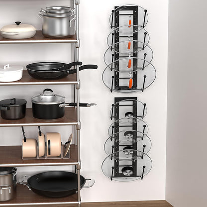 Cisily 8 Layers of Adjustable Pot Lid Organizer Rack for Cabinet Door/Wall，2Pack Lid Organizer Pots and Pans Holder for Kitchen Storage with No Drilling Adhesive 5.7 W“(Black)