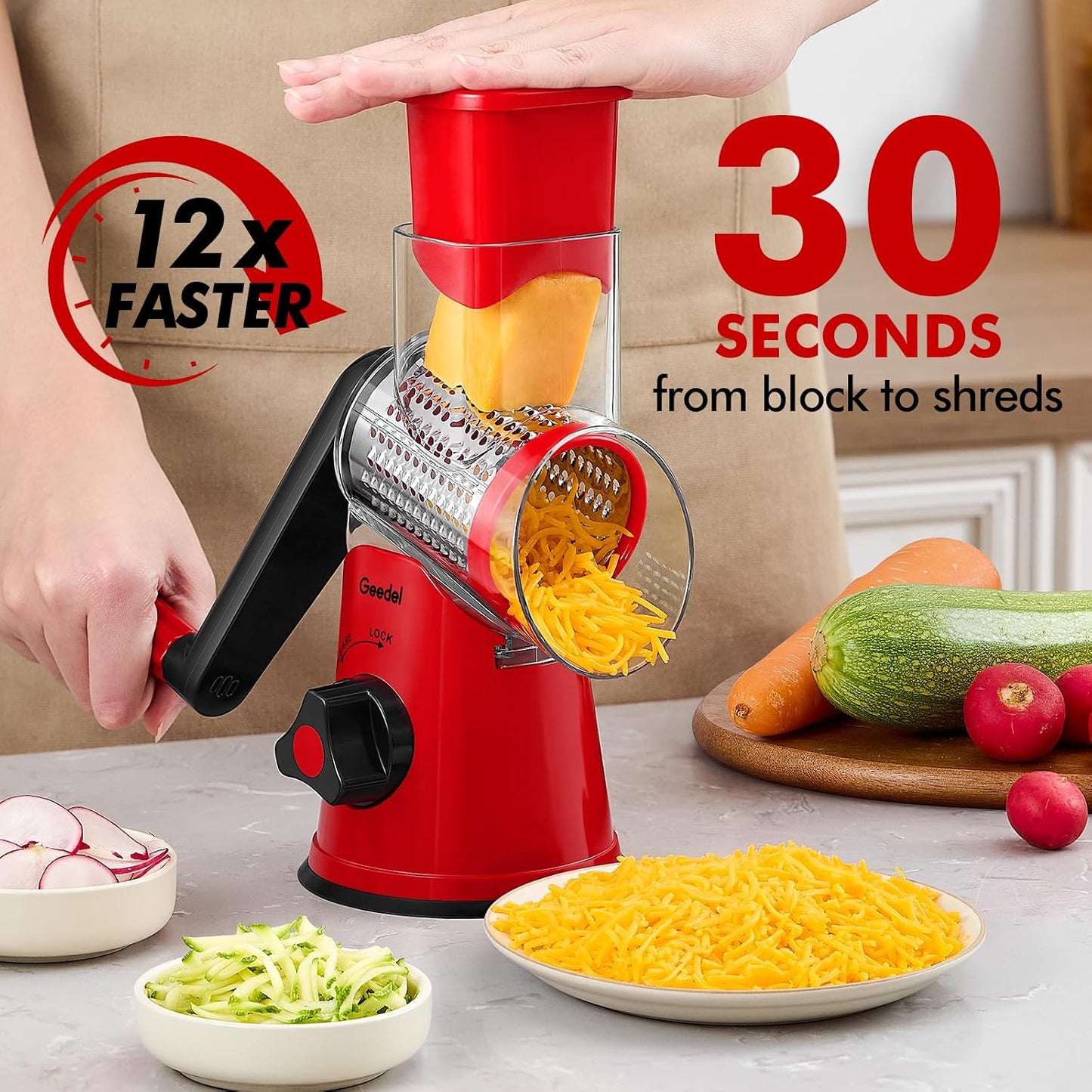 Geedel Rotary Cheese Grater, Kitchen Mandoline Vegetable Slicer with 3 Interchangeable Blades, Easy to Clean Rotary Grater Slicer for Fruit, Vegetables, Nuts | 3 Blades, 430 Stainless Steel, 12x Fast Cutting, Strong Suction Base, No BPA, Dishwasher Safe,