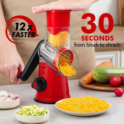Geedel Rotary Cheese Grater, Kitchen Mandoline Vegetable Slicer with 3 Interchangeable Blades, Easy to Clean Rotary Grater Slicer for Fruit, Vegetables, Nuts | 3 Blades, 430 Stainless Steel, 12x Fast Cutting, Strong Suction Base, No BPA, Dishwasher Safe,