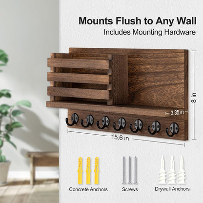 Lwenki Key Holder for Wall – Decorative Wooden Mail Holder and Key Shelf with Mounting Hardware, Installation Guide – Paulownia Wood with Metal Key Hooks (Black, Large - 11.8inch)