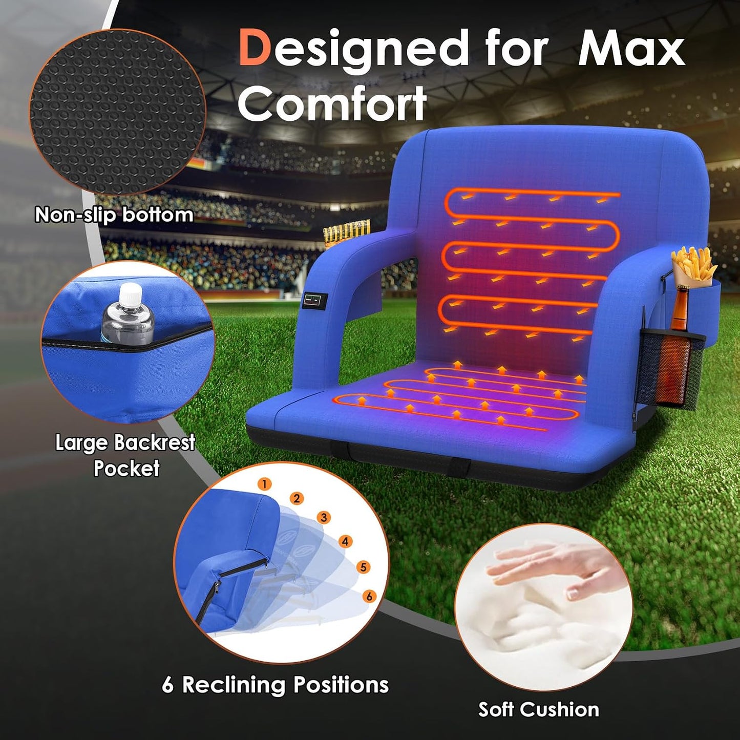 HOPERAN 25in Heated Stadium Seats for Bleachers, Dual Control, 2 PCS, Black | Independent Seat & Back 3 Level Heat (NO Battery), Soft Cushion, 6 Recliner, Anti-Slip, Side Pockets, Backpack Straps