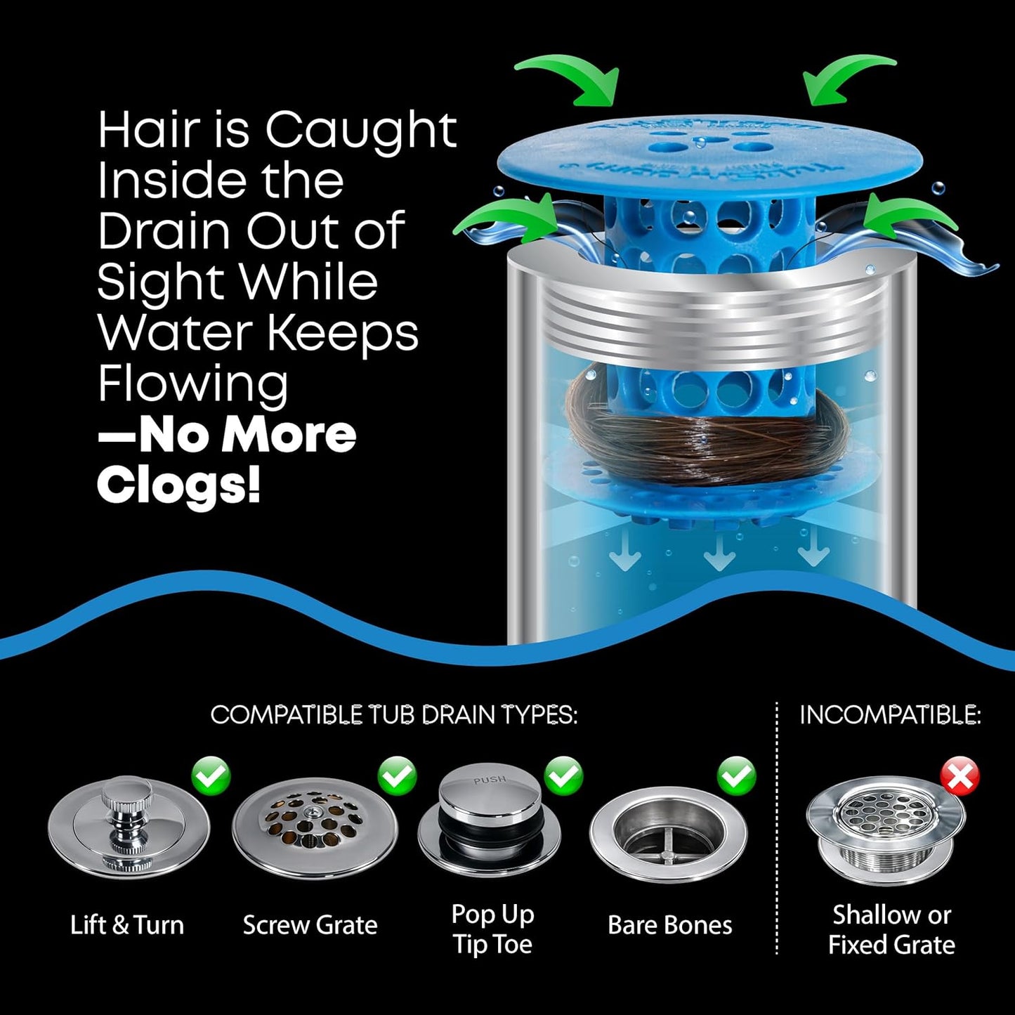 TubShroom Bathtub Drain Hair Catcher – in-Drain Tub Strainer & Clog Prevention Protector, Fits Standard 1.4”–1.75” Tub Drains, Easy Clean, Captures Human & Pet Hair Out of Sight (Gray)