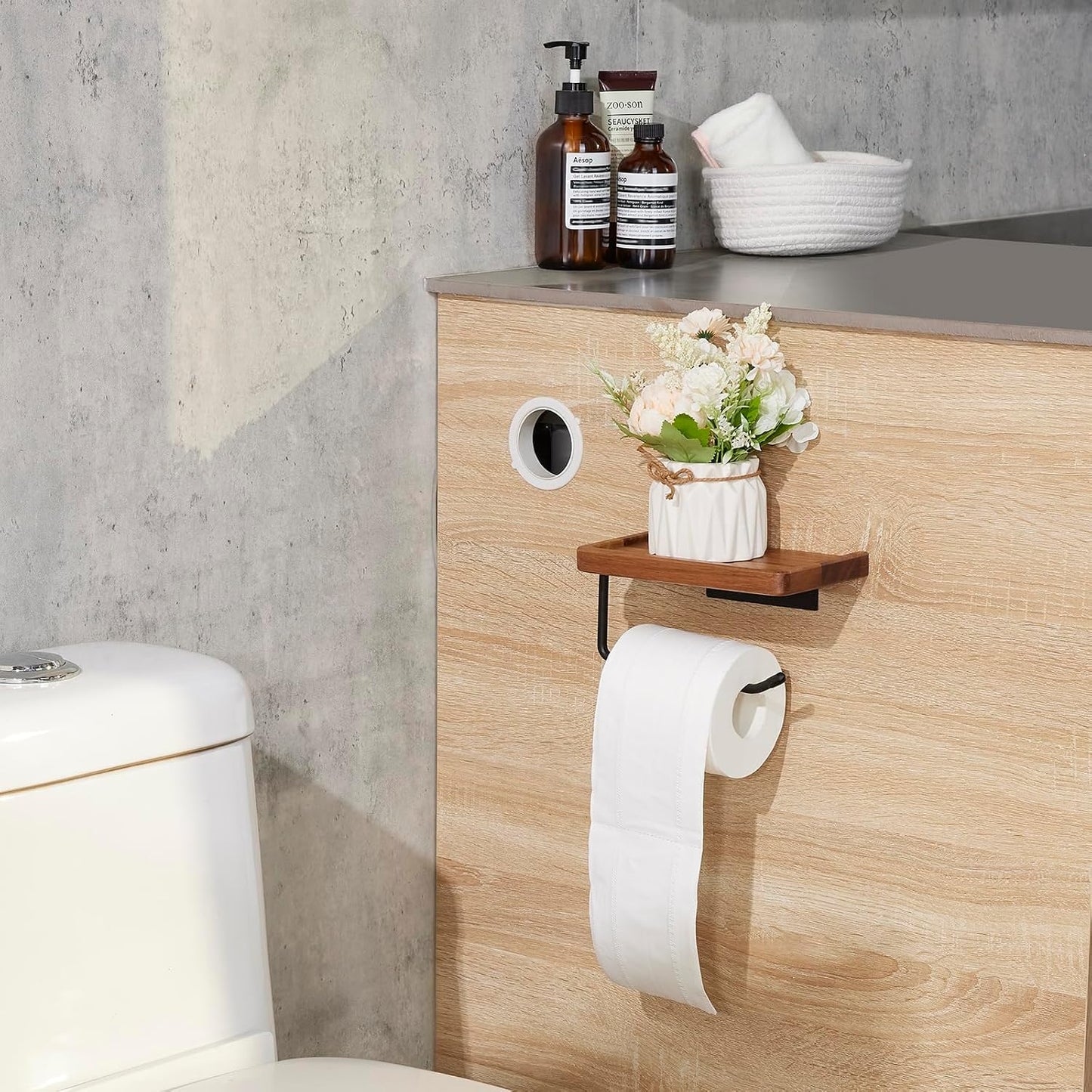 Toilet Paper Holder with Shelf: Wall Mount Bathroom Tissue Storage | Acacia Wood Shelf w/Adhesive/Screw - Matte Black Aluminum Alloy Bathroom Accessories Wood Shelf for Phone Wipes