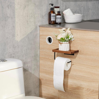Toilet Paper Holder with Shelf: Wall Mount Bathroom Tissue Storage | Acacia Wood Shelf w/Adhesive/Screw - Matte Black Aluminum Alloy Bathroom Accessories Wood Shelf for Phone Wipes