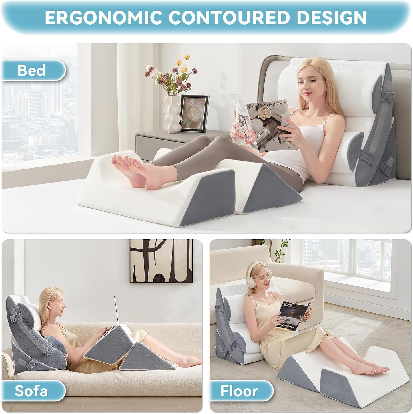 Kingfun 4PCS Orthopedic Bed Wedge Pillow Set for Sleeping, Post Surgery Memory Foam Support Pillows for Back, Neck and Leg Pain Relief, Adjustable Triangle Pillow - Acid Reflux, Anti Snoring & GERD