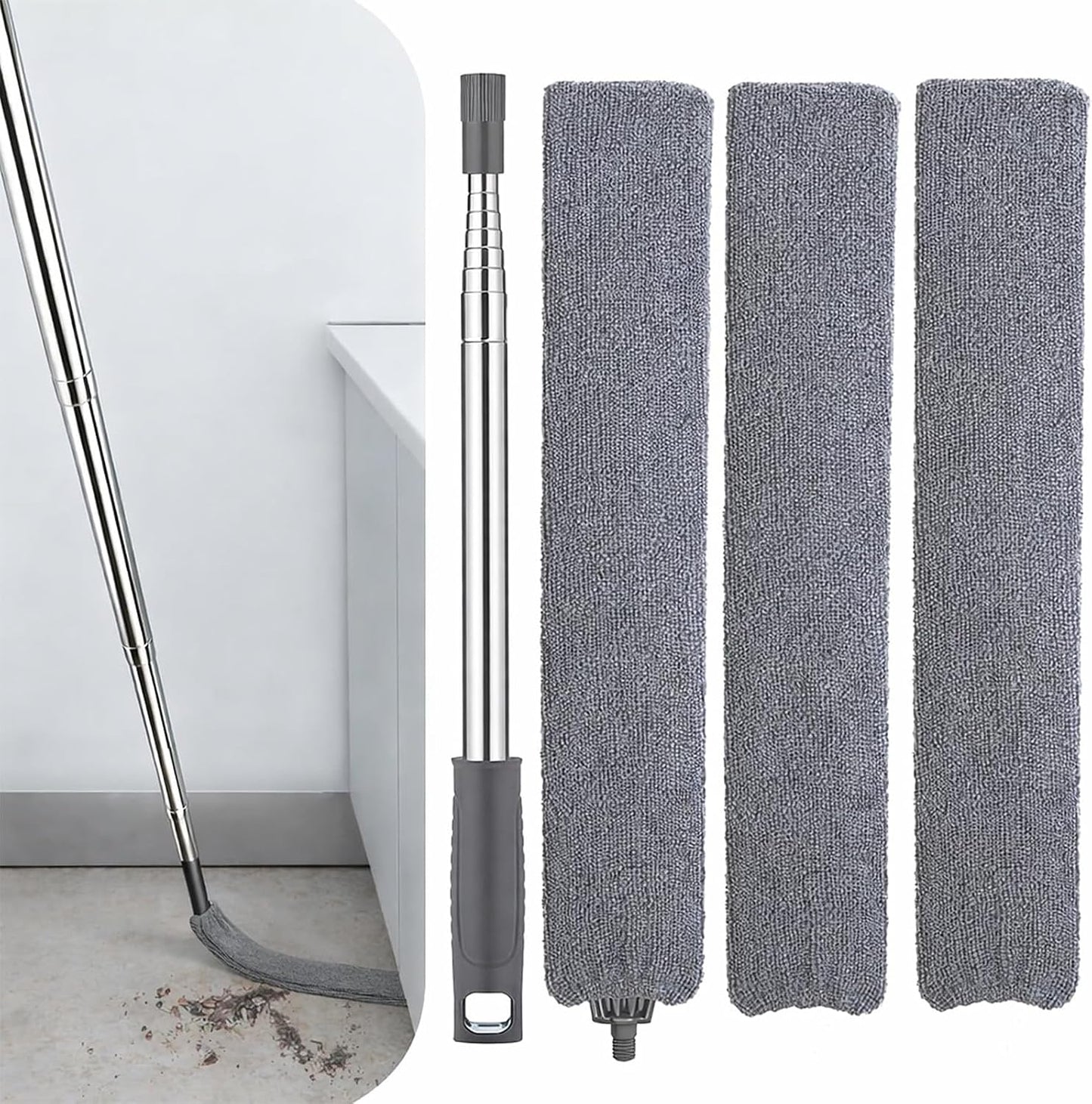 Retractable Gap Dust Cleaner with Extension Pole & 3 Microfiber Cloths | Cleaning Tools with 3 Microfiber Dusting Cloths | Long Handle Duster 30-100'' | Under Refrigerator Furniture Appliance Blue