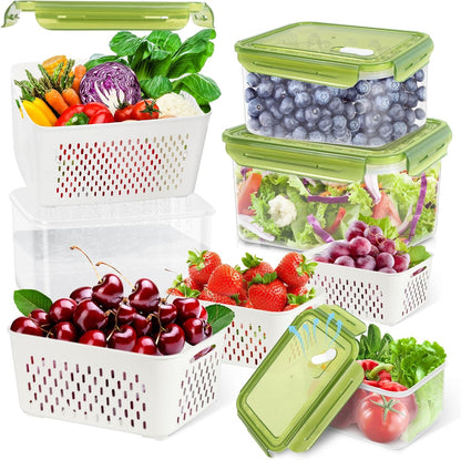 TBMax Fruit Storage Containers for Fridge Organizers and Storage, 4 Pack Large Produce Saver with Airtight Lid & Colander for Berry Lettuce Salad Vegetable Storage, Refrigerator Organizers