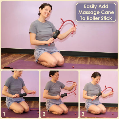 Roller Cane Massager | 2-in-1 Massage Roller Stick & Trigger Point Cane | Rubber Ball for Deep Tissue, Myofascial Release & Muscle Recovery (Red)