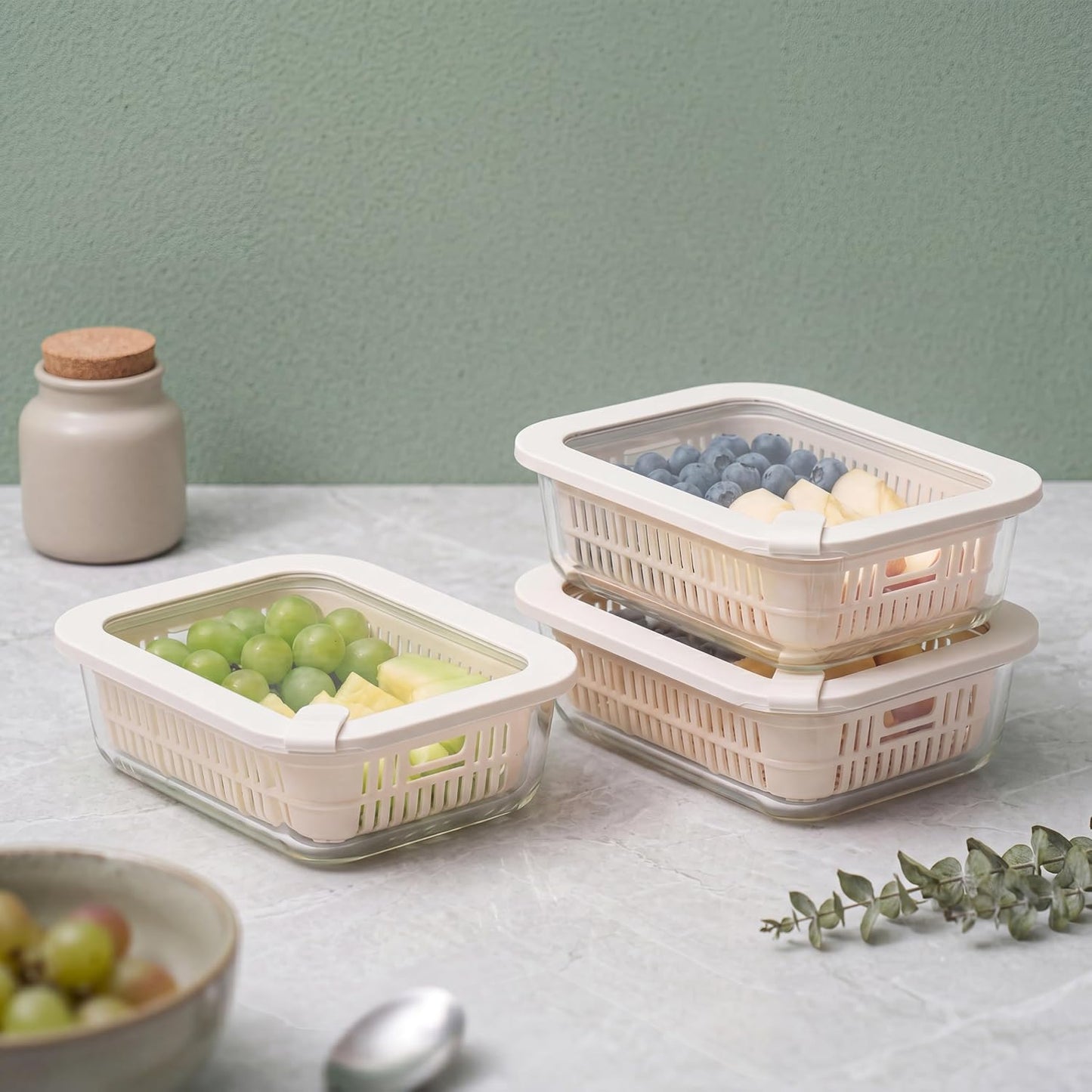 Glass Food Storage Containers with Glass Lids, Microwave Safe Food Container Set, Aitight Meal Prep Container Set, BPA Free, 2 extra Colanders, LeakProof, 2 Pack of 60oz