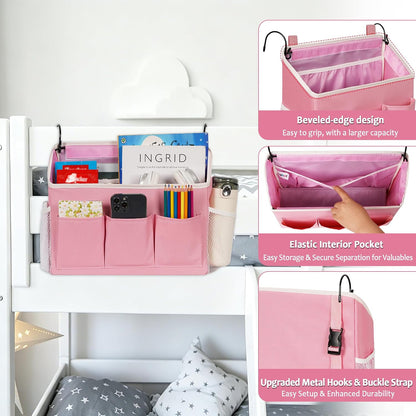Loghot Bedside Caddy Organizer Bed Storage Bag for Dorm Hospital Crib White | 7 pockets bedside hanging organizer for phone books remotes, fits dorm hospital crib bunk beds, keeps organized easy access