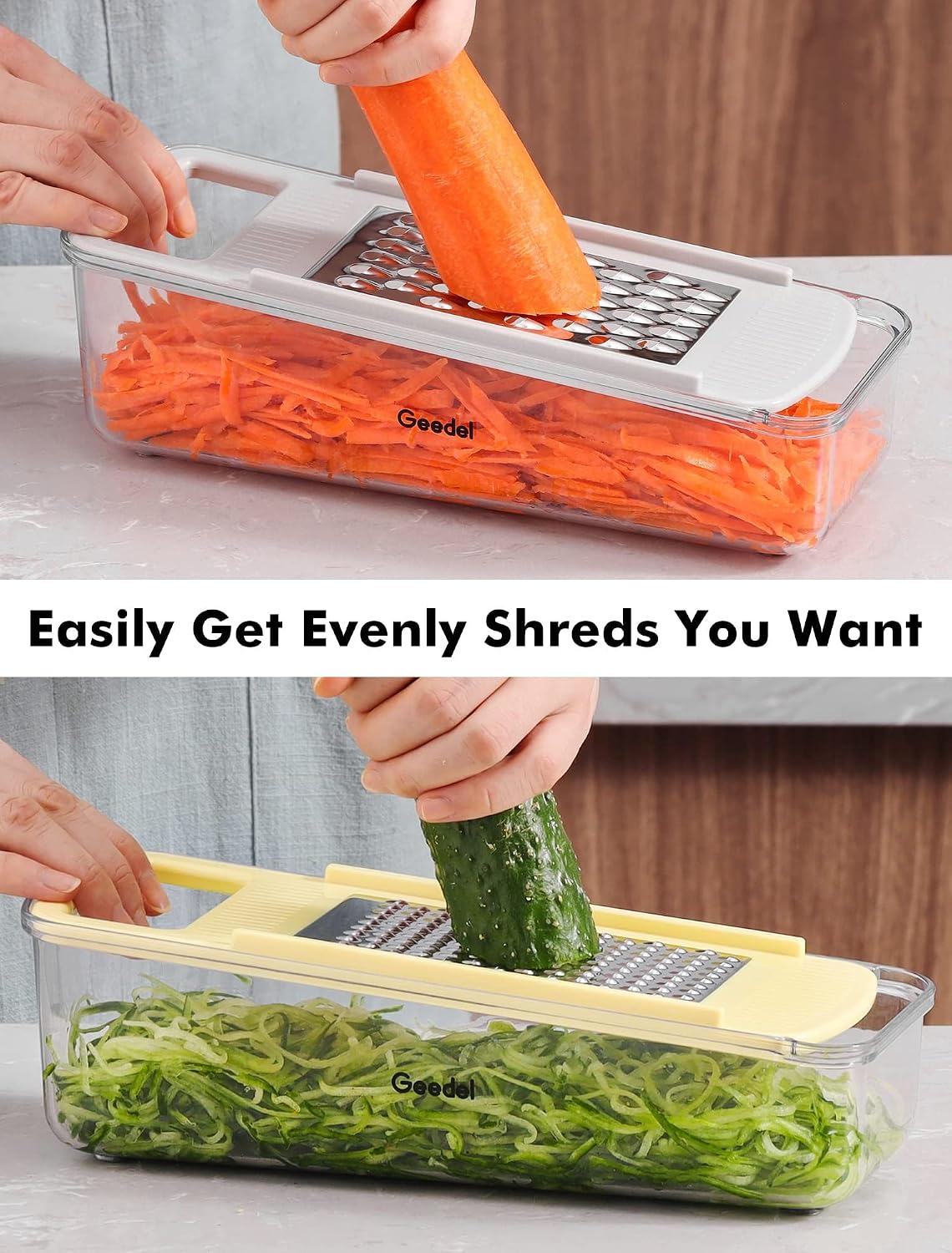 Geedel Professional Mandoline Slicer for Kitchen, Multi Purpose Vegetable Slicer Cutter, Vegetable Cutter Onion Cutter for Veggie Fruit Cheese | Slice, Shred & Julienne, Sharp Stainless Steel Blades, Dishwasher Safe, No BPA, Safety Hand Guard, For