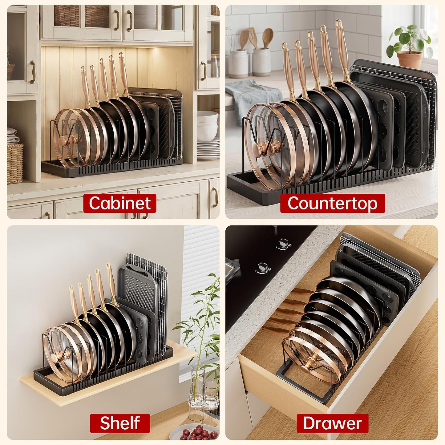 Expandable Pot and Pan Organizer with 10 Adjustable Dividers | Solid Metal Under‑Cabinet Pot Lid Organizer 14.1''‑24.8'', Lid Organizers Inside Cabinet, Fits Bakeware & Cookie Sheets
