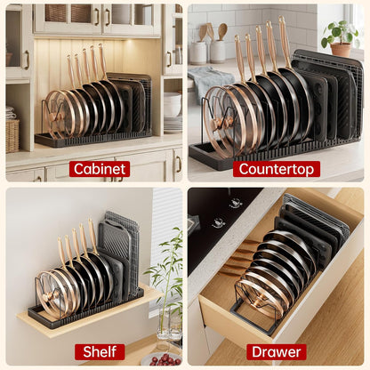 Expandable Pot and Pan Organizer with 10 Adjustable Dividers | Solid Metal Under‑Cabinet Pot Lid Organizer 14.1''‑24.8'', Lid Organizers Inside Cabinet, Fits Bakeware & Cookie Sheets