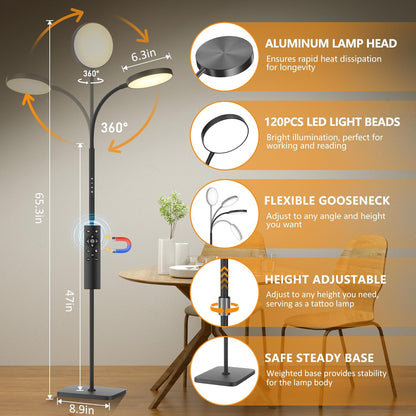 PACOVY Floor Lamp, Adjustable Height Floor Lamps for Living Room Bedroom, 120 LED Super Bright Standing Lamp Remote & Touch Control Dimmable Gooseneck Tall Stand Reading Lamp for Office Craft, Black