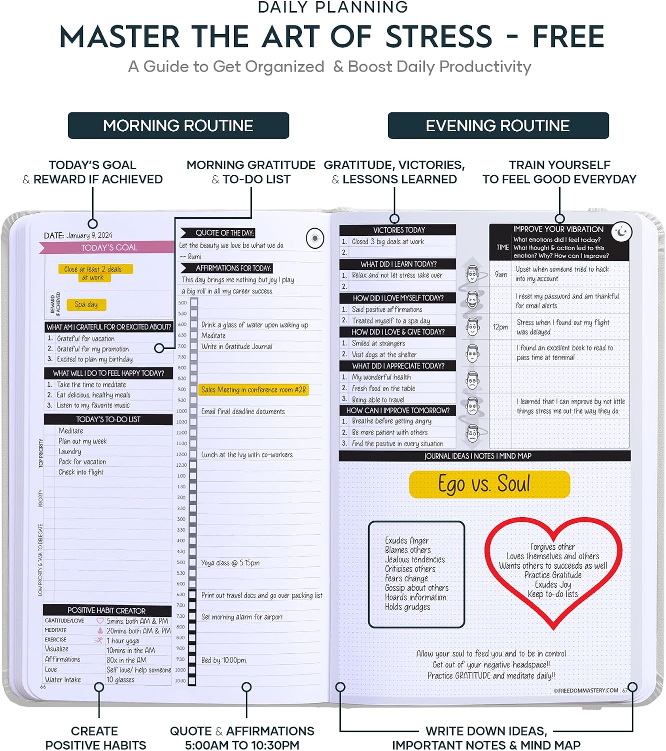 Freedom Mastery Daily Journal of Gratitude, Productivity & Habit Tracker | Undated 90-Day Planner with Daily Reflection, Mindfulness, Positivity, Vision Board & Stickers, Gratitude Journal for Women
