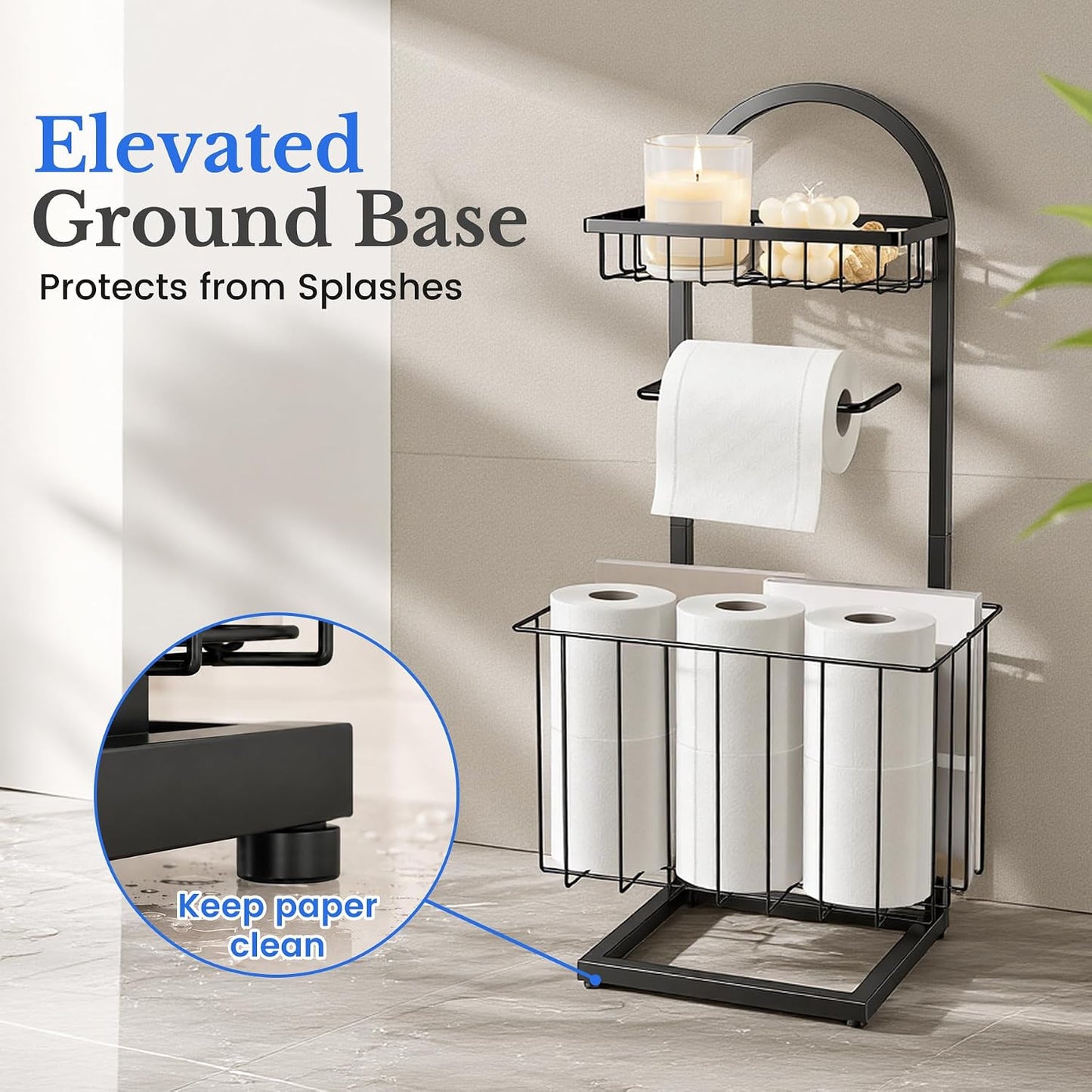 Toilet Paper Holder Stand Freestanding with Storage Basket for Bathroom | Freestanding Toilet Paper Stand for Bathroom,Heavy Duty Tissue Roll Holder Rack with Top Shelf for Organizer,black