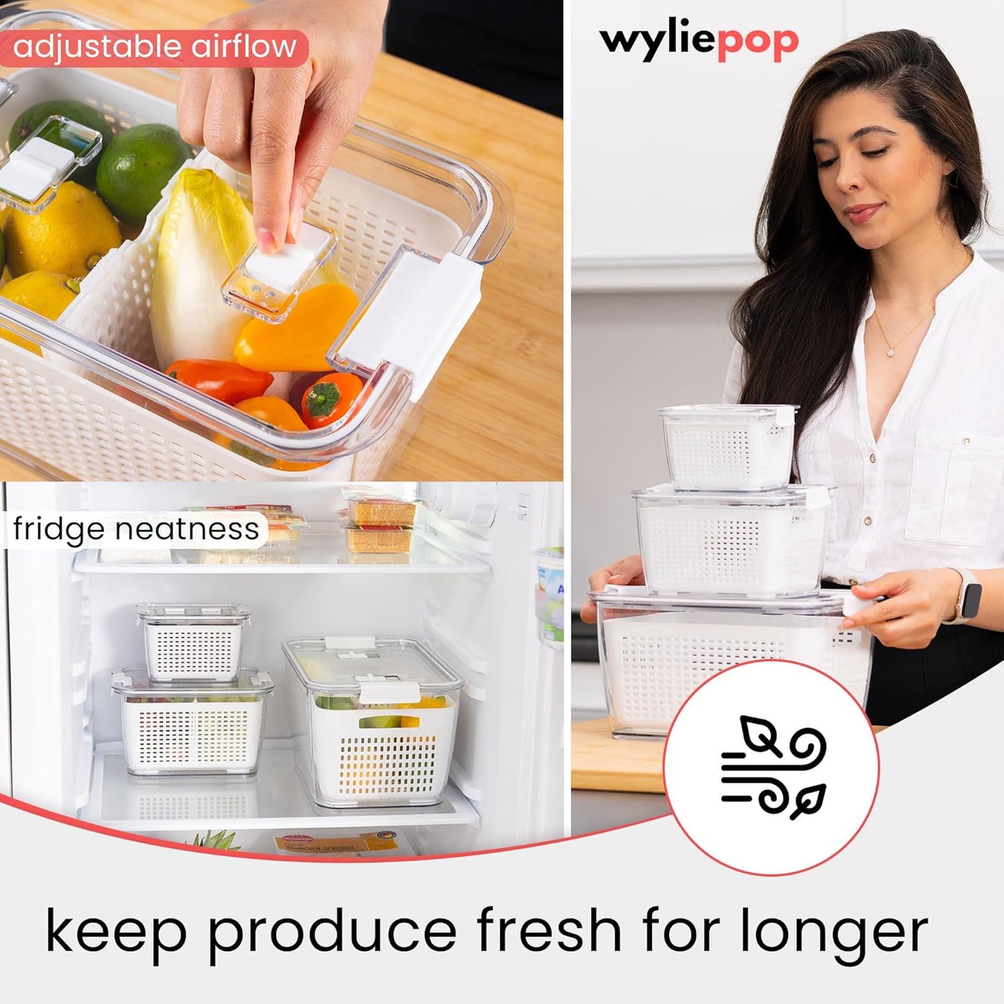 Premium Fruit Storage Containers for Fridge with Veggie Peeler – 3-in-1 Produce Containers for Fridge with Strainer & Removable Colander – Large, Clear Fruit and Vegetable Storage Organizer (Set of 3)