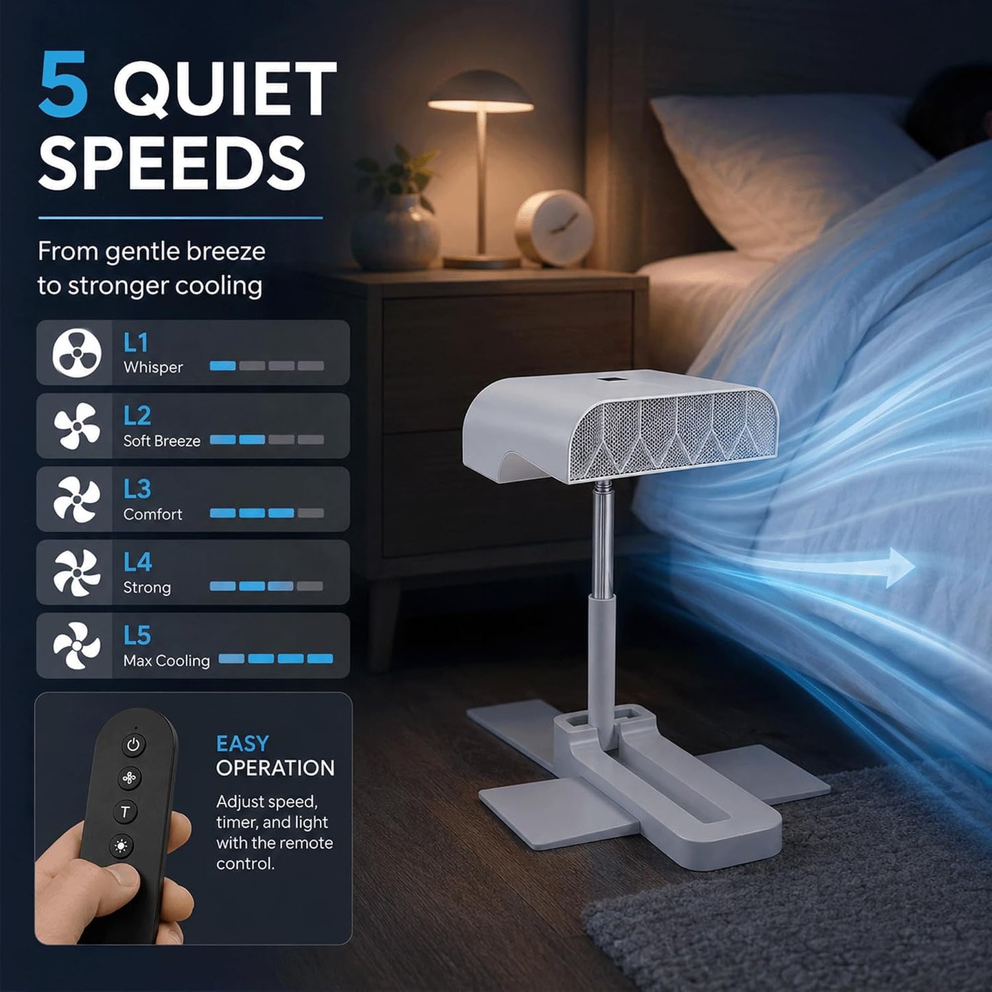 Bed Cooling Fan Under Sheets, Rechargeable Cordless Bed Fan for Hot Sleepers, Under Blanket Airflow Cooling System with Remote, 5 Quiet Speeds, Adjustable Height, USB-C Charging (1PC)
