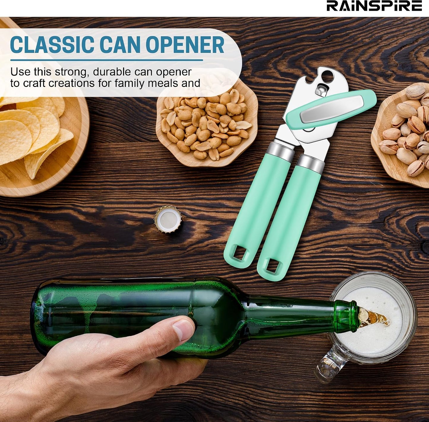 Rainspire Can Opener Manual Handheld Strong Manual Can Opener Smooth Edge Cut, Can Opener Heavy Duty, Comfortable Soft Handle, Built-in Bottle Opener, Turquoise