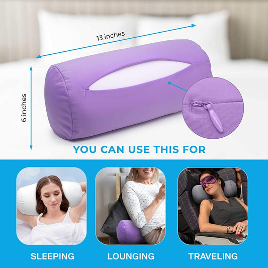 Squishy Deluxe Tube Microbead Bolster Pillow with Stay-Cool Fill & Silky Removable Cover, Flexible, Head, Neck & Back Support for Home & Away, Carrying Case, 13 x 6 inches, Grey