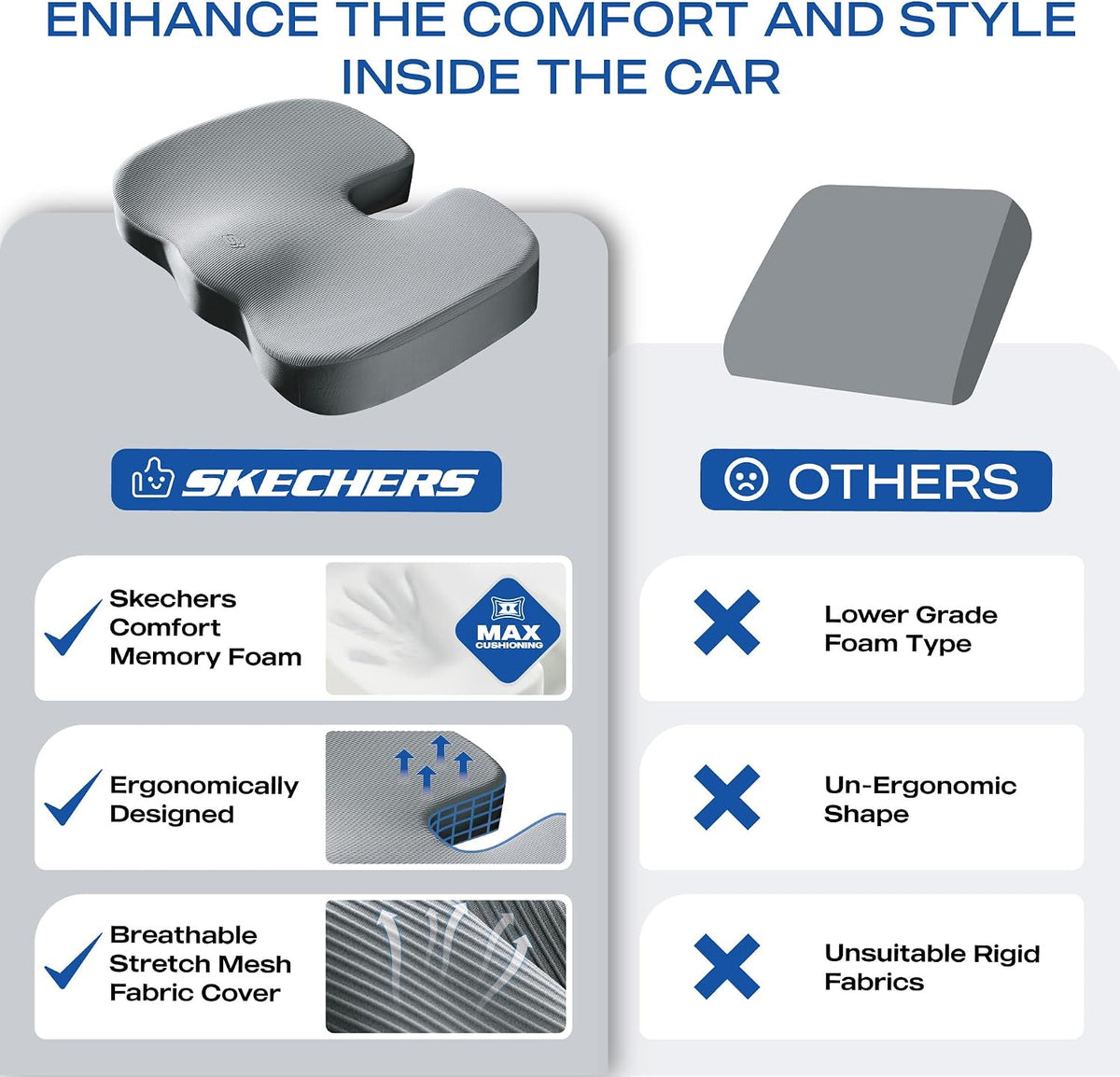 Skechers Memory Foam Seat Cushion,Office Chair Cushion for Tailbone Pain Relief,Butt Pillow for Office Chair,Car seat Cushion,Computer Desk,Long Sitting Office Workers,and Car Drivers,Black