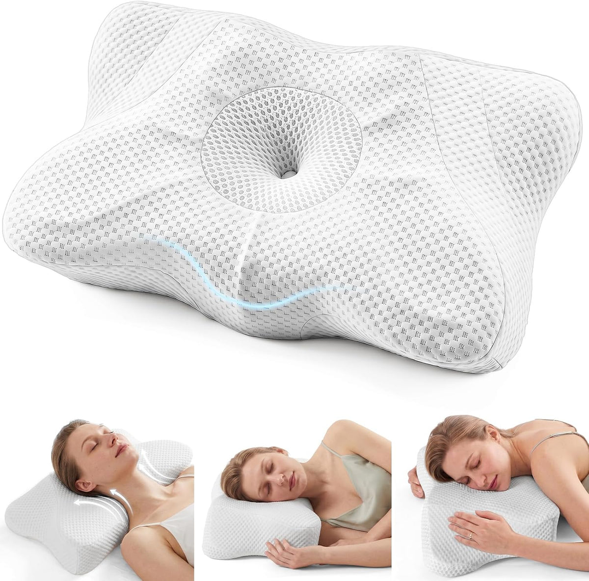 Sweetcrispy Cervical Pillow for Neck and Shoulder - Ergonomic Memory Foam Pillows, Contour Side Sleeper for Adults, Cooling Orthopedic Neck Support for Back Stomach Sleepers, White