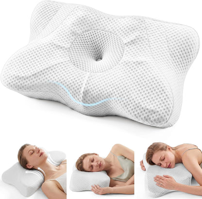 Sweetcrispy Cervical Pillow for Neck and Shoulder - Ergonomic Memory Foam Pillows, Contour Side Sleeper for Adults, Cooling Orthopedic Neck Support for Back Stomach Sleepers, White