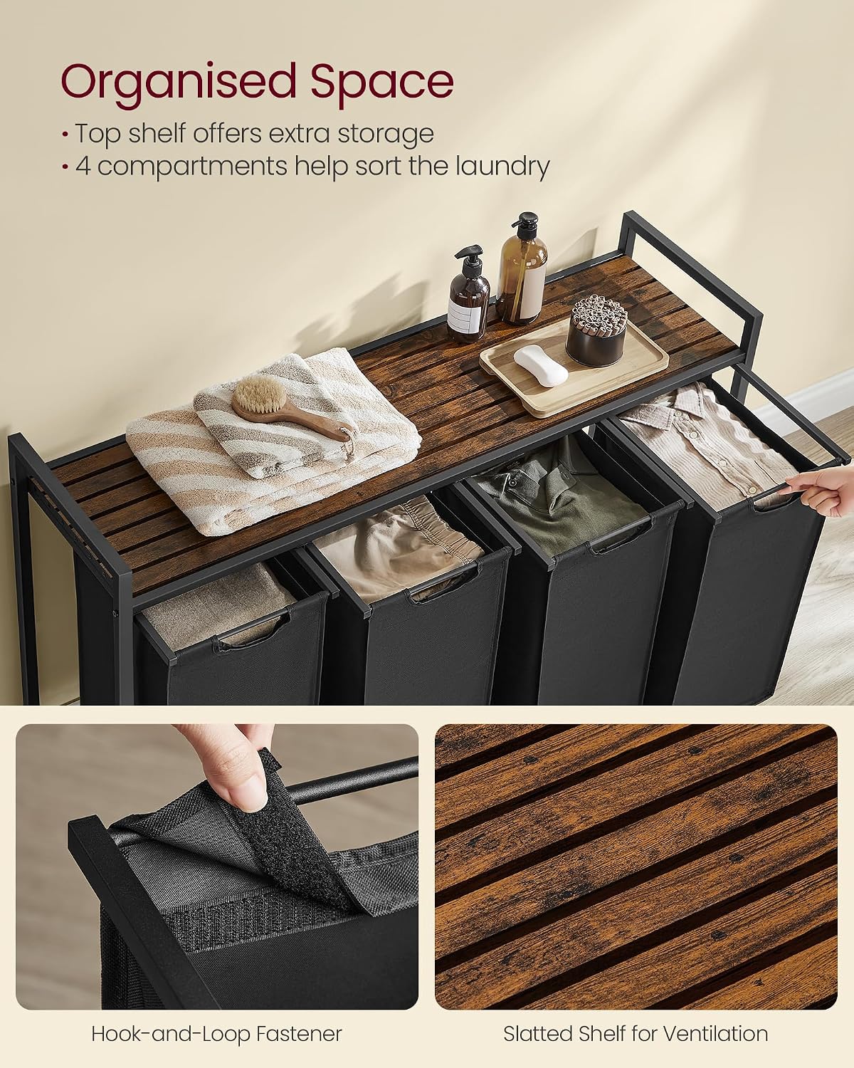 VASAGLE Laundry Hamper, Laundry Basket Sorter with 3 Pull-Out and Removable Bags, Shelf, Metal Frame, 3 x 10.6 Gallons (40 L), 36.4 x 13 x 28.4 Inches, Cappuccino Beige and Natural Beige UBLH301LH01