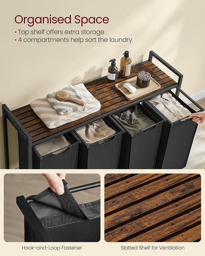 VASAGLE Laundry Hamper, Laundry Basket Sorter with 3 Pull-Out and Removable Bags, Shelf, Metal Frame, 3 x 10.6 Gallons (40 L), 36.4 x 13 x 28.4 Inches, Cappuccino Beige and Natural Beige UBLH301LH01