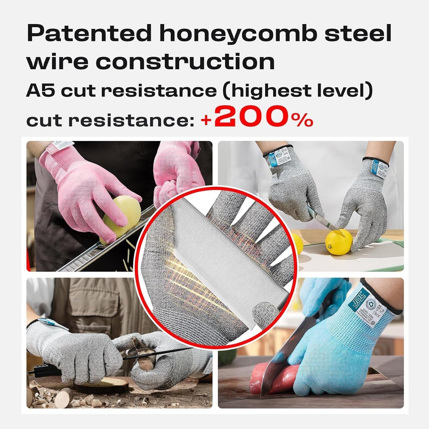 JDL Large Blue Cut Resistant Gloves with Touch Screen, Food Grade, ANSI A5, 3D Stretch Fit, Firm Grip, Suitable for Oyster Shucking, Meat Slicing, Kitchen Protection