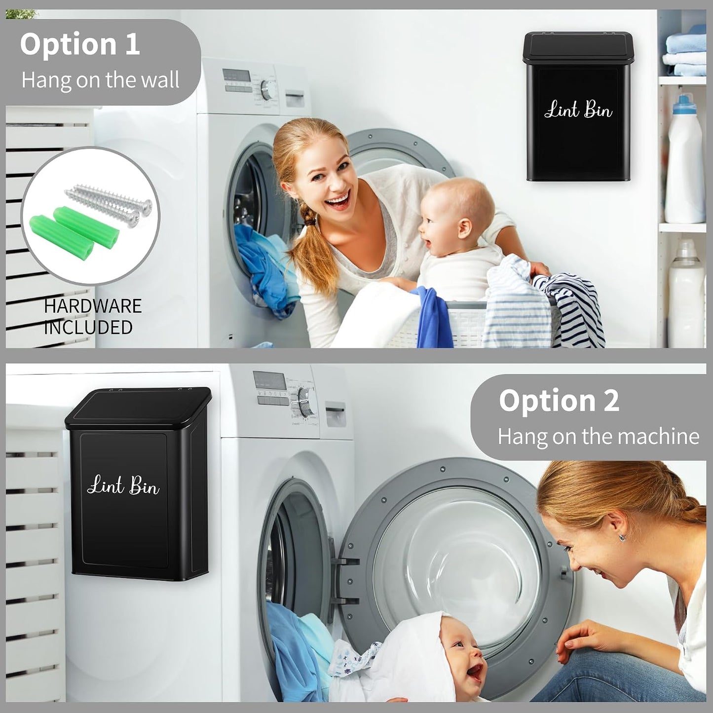 Magnetic Lint Bin for Laundry Room, Metal Lint Trash Can with Lid and Brush, Wall Mounted Lint Box for Dryer, Farmhouse Laundry Room Decor, Black