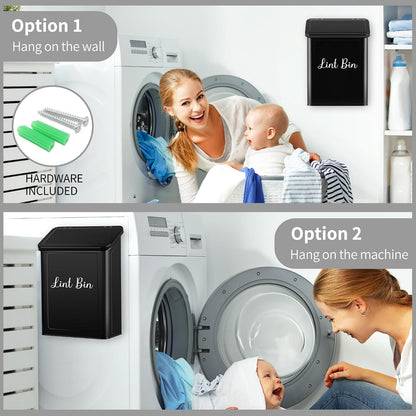 Magnetic Lint Bin for Laundry Room, Metal Lint Trash Can with Lid and Brush, Wall Mounted Lint Box for Dryer, Farmhouse Laundry Room Decor, Black