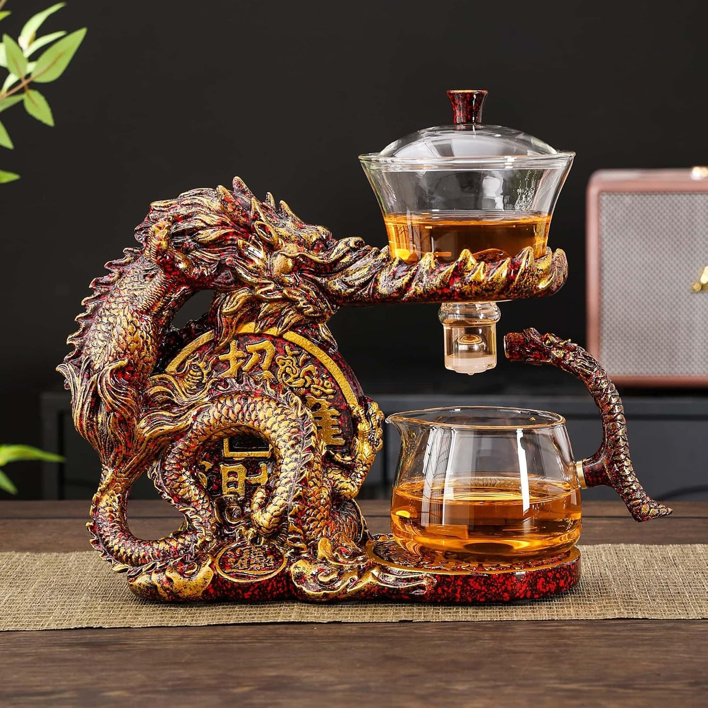 Glass Teapot Set with Infuser Semi Automatic Dragon Tea Set (Blue golden teapot)