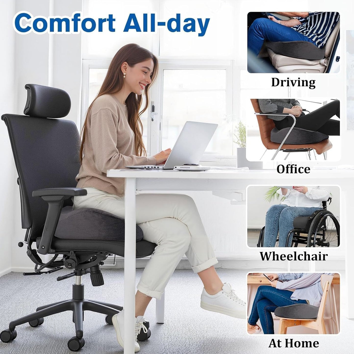 CushyOasis Seat Cushion, Gel Memory Foam Office Chair Cushions, (Black) | Chair Cushion, Anti-Slip Bottom & Removable Cover Tailbone Pain Relief Cushion, Memory Foam Seat Cushion for Office