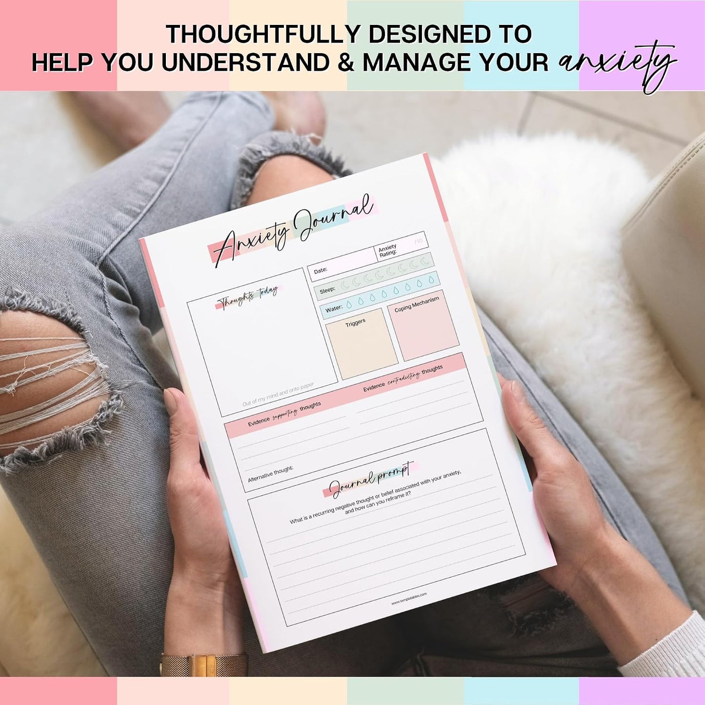 Templatables Anxiety Journal for Adults – CBT Therapy Workbook with Guided Prompts, Trigger Tracker, Sleep & Hydration Logs | Undated A5 Mental Health Notebook for Anxiety Relief & Stress Management