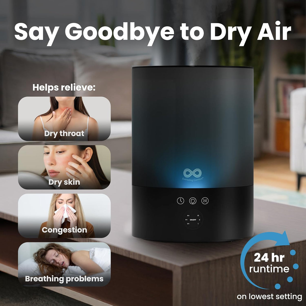 Everlasting Comfort 2.5L Top Fill Humidifier for Bedroom – 28dB Ultra-Quiet, Easy to Fill & Clean, 24HR Runtime, Night Light, Timer, Ultrasonic Cool Mist, Auto Shut-Off for Indoor Use