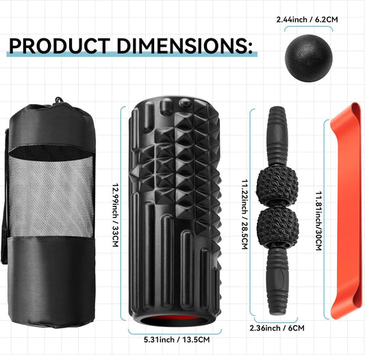 5 in 1 Foam Roller Set, High Density Patented Exercise Roller | Deep Tissue Massage Roller Stick, Massage Ball, Resistance Band for Pilates, Yoga, Whole Body Fitness Exercise, Orange