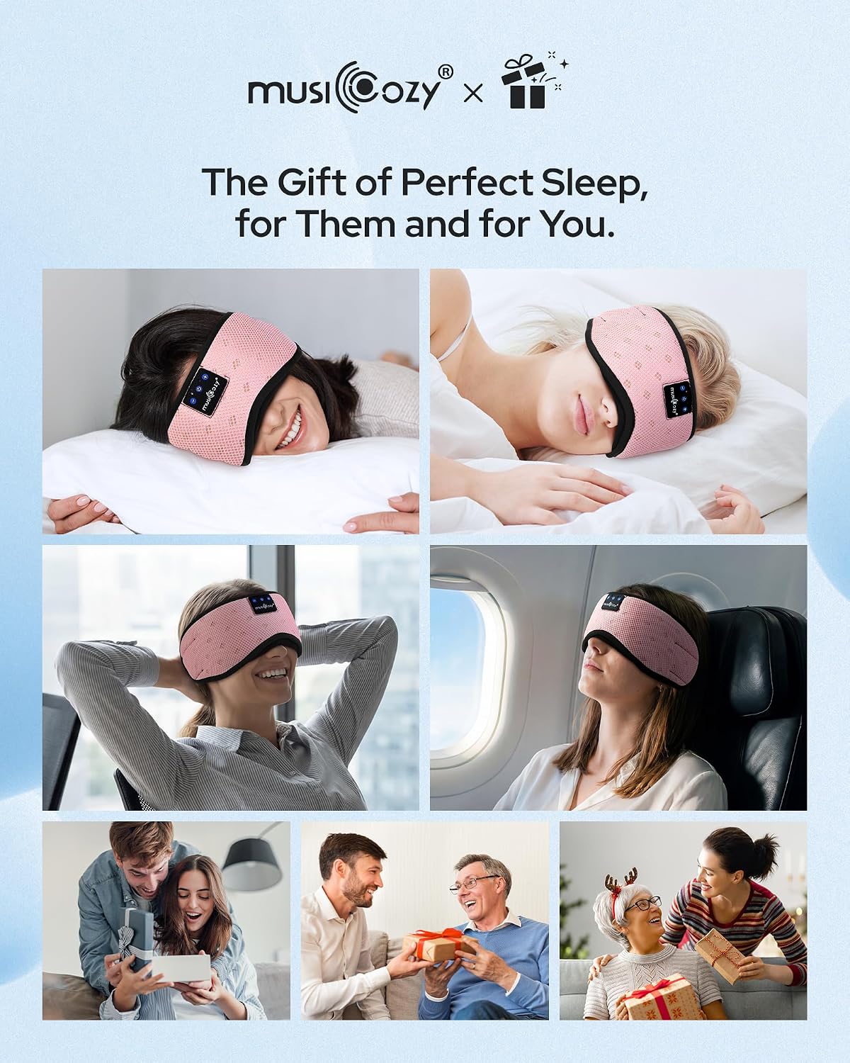MUSICOZY Bluetooth Sleep Mask Headphones for Side Sleepers | Soft Mesh Eye Masks With Ultra-Thin Speakers, HD Audio, Comfortable Fit For Sleeping, Travel and Relaxation