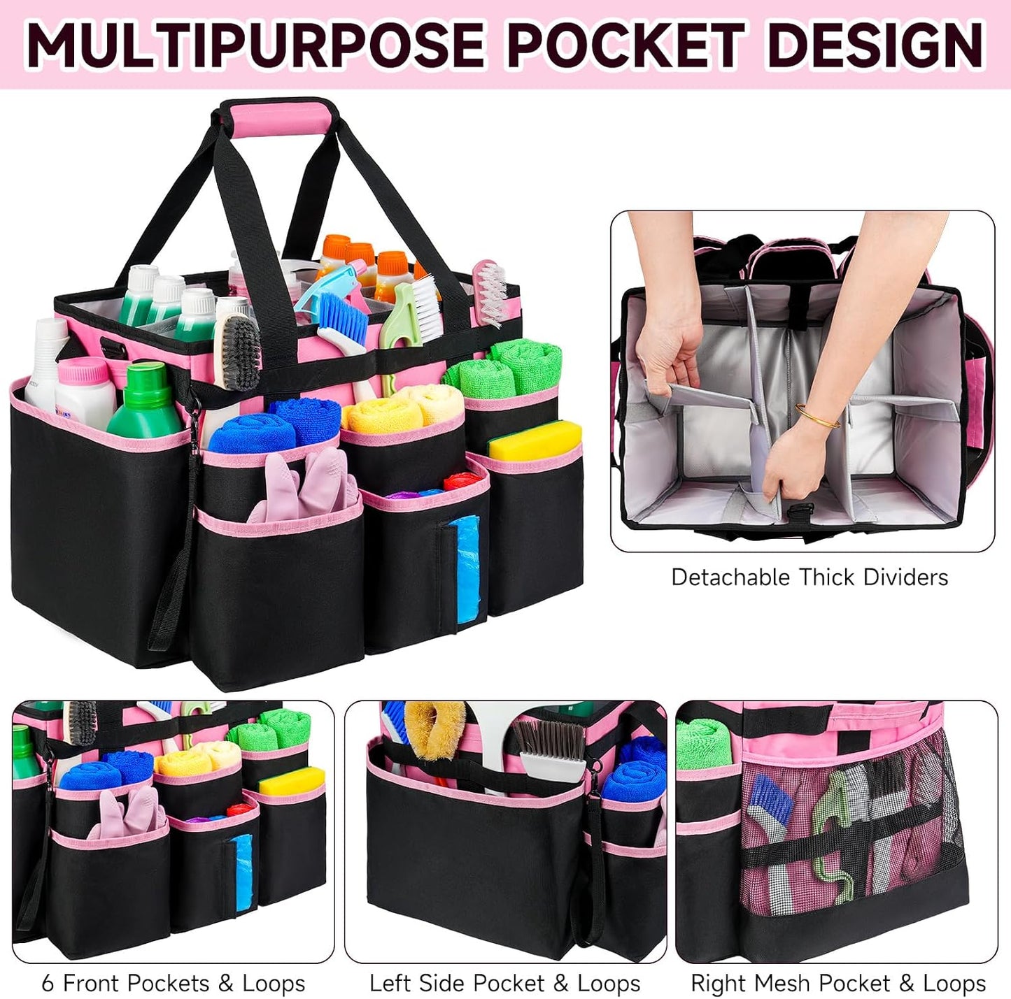 Large Rolling Cleaning Caddy Bag with Detachable Trolley,Cleaning Cart on Wheels with Shoulder Strap,Cleaning Supplies Organizer for Housekeepers,Purple