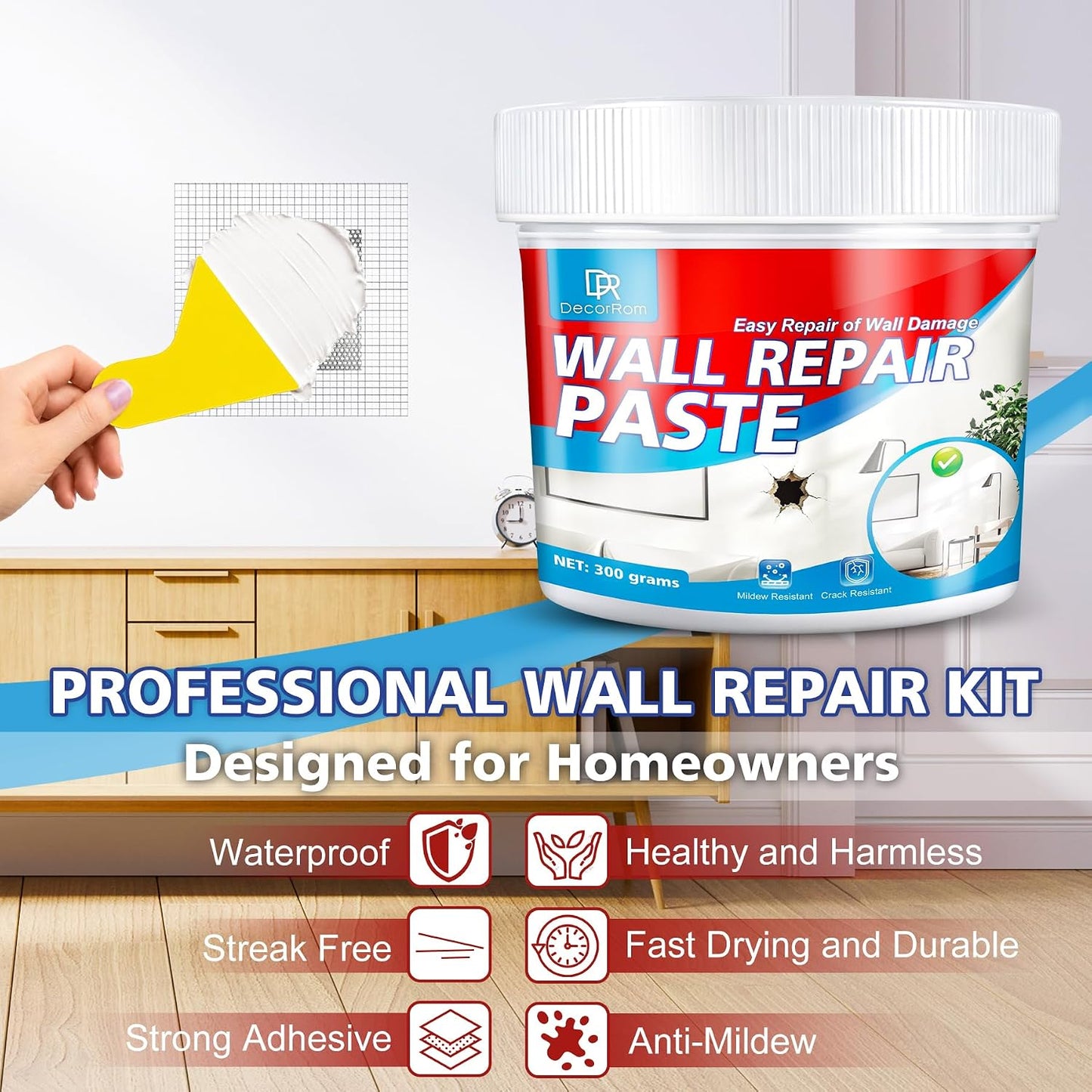 Drywall Repair Kit, 18oz Drywall Hole Patch Repair Kit Wall Patch Repair | White Waterproof Wall Repair Putty for Dents, Cracks, Nail Holes and Other Defects on Walls From Garage, Classroom & Home
