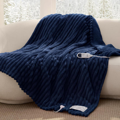 Bedsure Heated Blanket Electric Throw - Thick Striped Fast Heating Electric Blanket with Preheat Function, 6 Heat & 6 Timer (Up to 10H), 8H Auto Off, ETL Certified, Gifts for Women (50"x60", White)