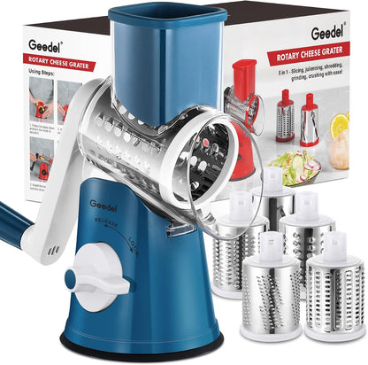 Geedel Rotary Cheese Grater, Kitchen Mandoline Vegetable Slicer with 3 Interchangeable Blades, Easy to Clean Rotary Grater Slicer for Fruit, Vegetables, Nuts | 3 Blades, 430 Stainless Steel, 12x Fast Cutting, Strong Suction Base, No BPA, Dishwasher Safe,