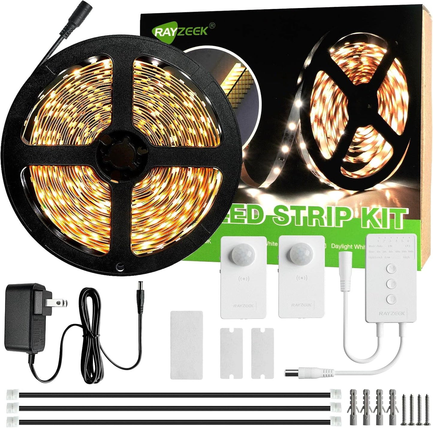 RAYZEEK Wireless Motion Activated LED Strip Lights,19.7FT LED Strip Lights with Power Adapter,Wireless Motion Sensor Control Dimmer,Timing,Cool White (1×Controller+2×Motion Sensor)