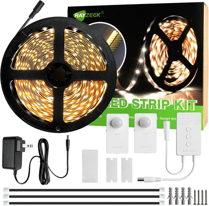 RAYZEEK Wireless Motion Activated LED Strip Lights,19.7FT LED Strip Lights with Power Adapter,Wireless Motion Sensor Control Dimmer,Timing,Cool White (1×Controller+2×Motion Sensor)