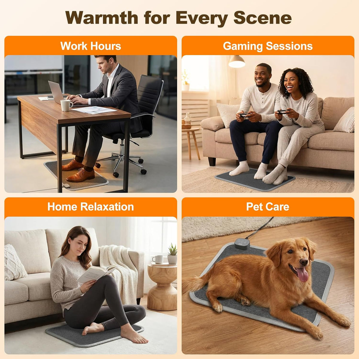 Foot Warmer Under Desk - 15.9x19.9in Heated Floor Mat 110V Adjustable Temperature Electric Heater with Timer for Office Home, Heating Pad for Cold Feet (Brown Wood)