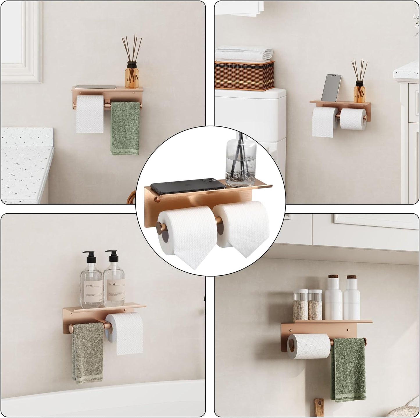 Black Toilet Paper Roll Holder with Shelf Wall Mounted for Bathroom (Black, Double Head)