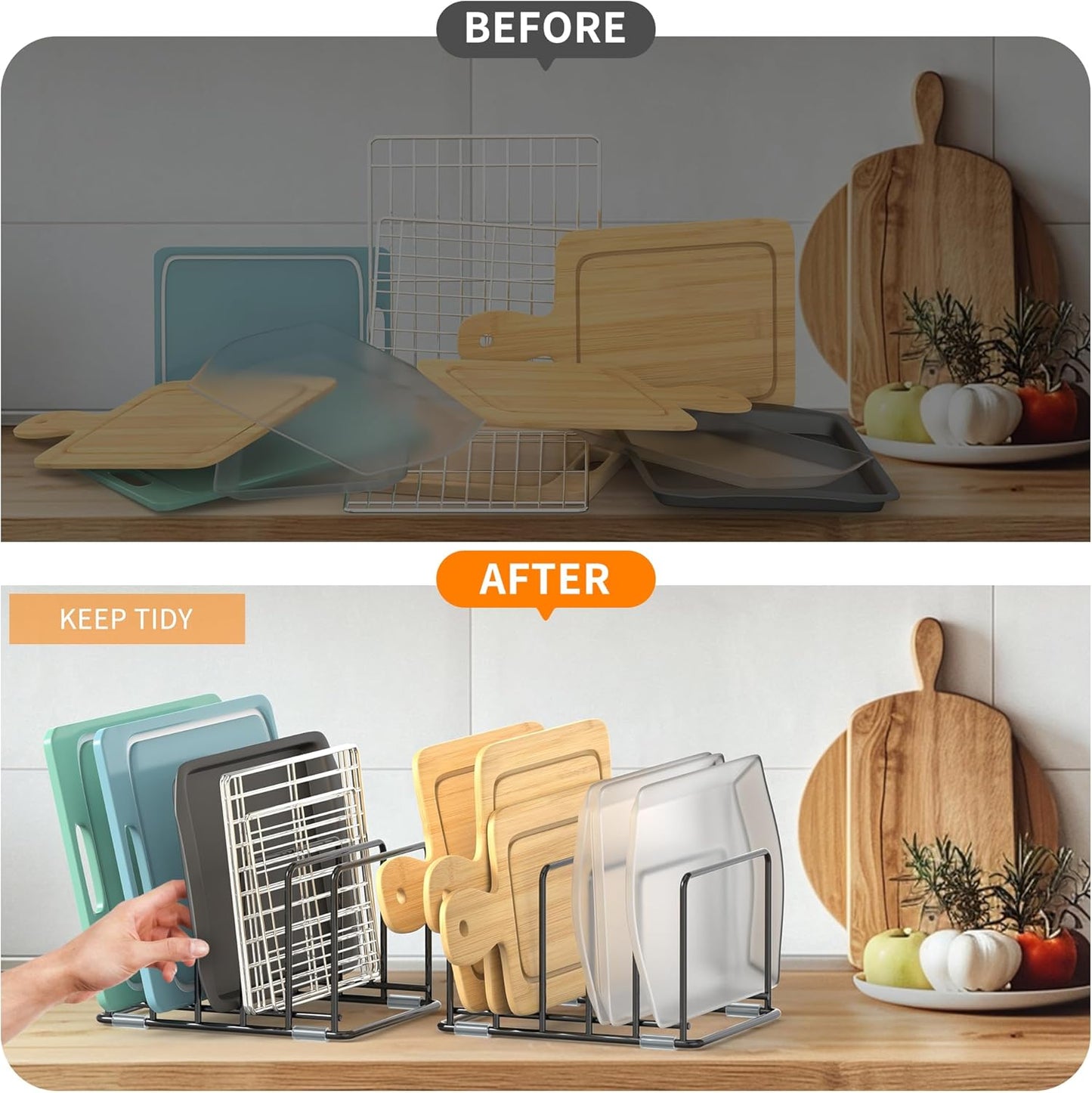 Cutting Board Organizer, Kitchen Cabinet Organizer | Divided Rack with 5 Slots for Baking Trays - Cookie sheet Organizer, Baking Sheets Holder [2-Pack], Large