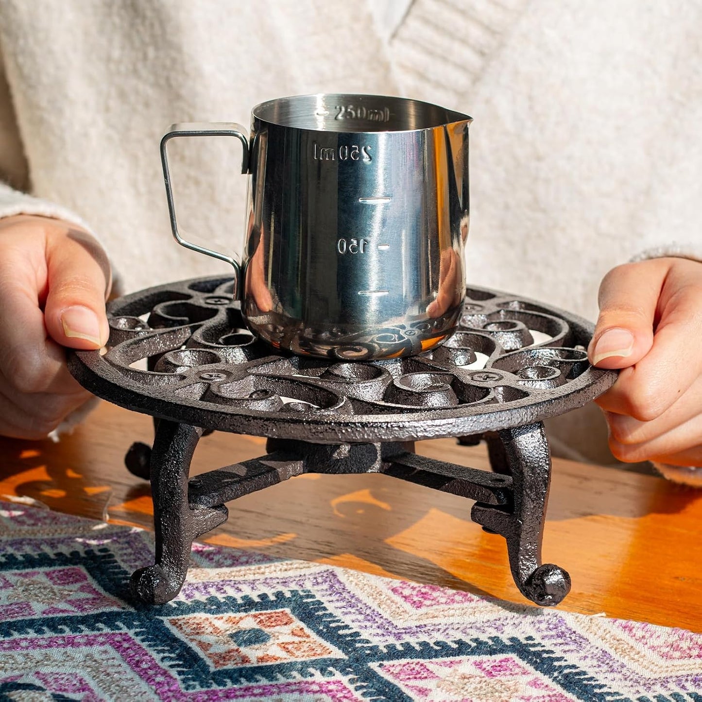 6.1 Inches Cast Iron Teapot Warmer Dish Cups Trivet,Flower-Shaped Design with Tealight Holder - Heavy Duty & Decorative Candle Holder Stands for Heat Food Coffee Milk or Tea