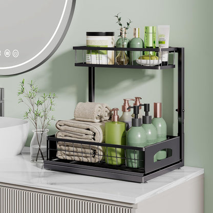 Under Sink Organizer, 2-Pack L-Shaped Metal Pull-Out Drawers for Kitchen | Cabinet Organizer Height Adjustable Heavy Duty Metal 2-Tier Storage Fits Beside Common Pipes for Bathroom Pantry